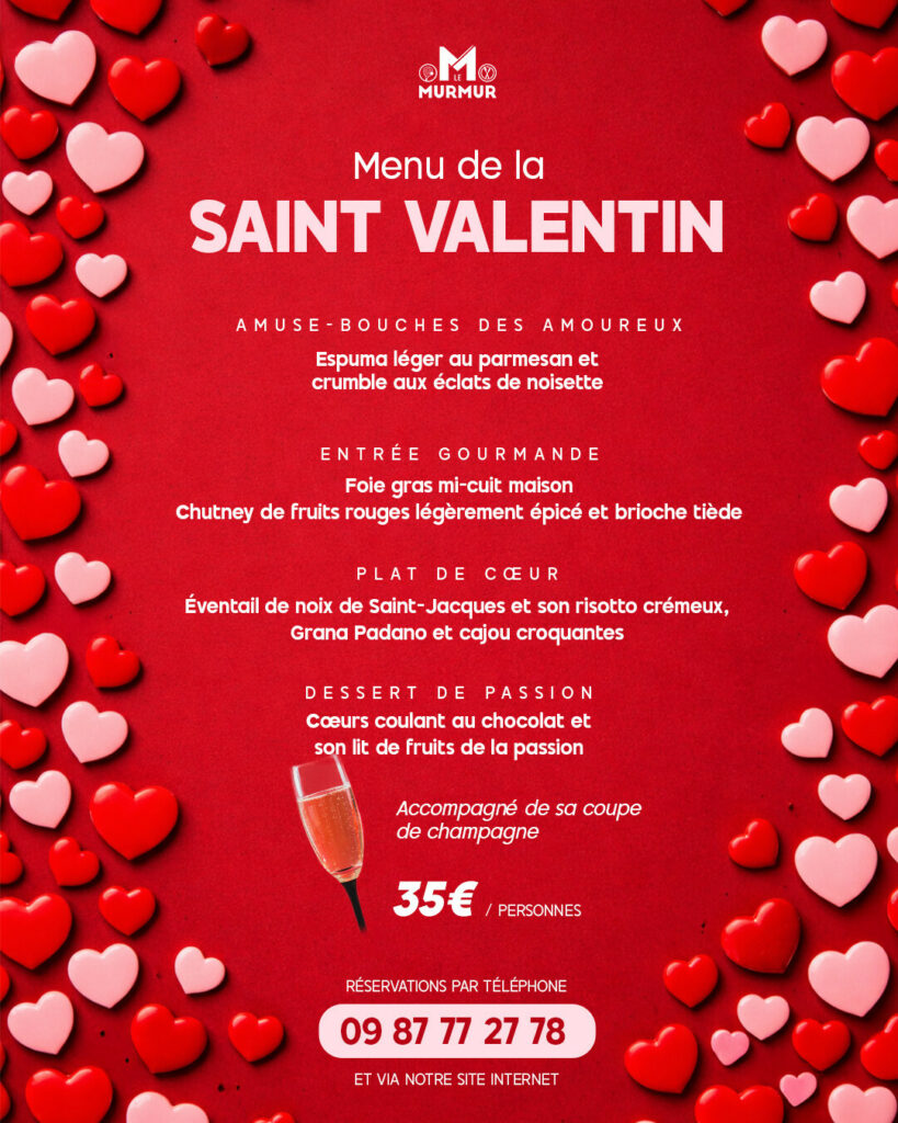 Fêter l'amour avec notre menu de la Saint-Valentin au Murmu à Marsac-sur-l'Isle