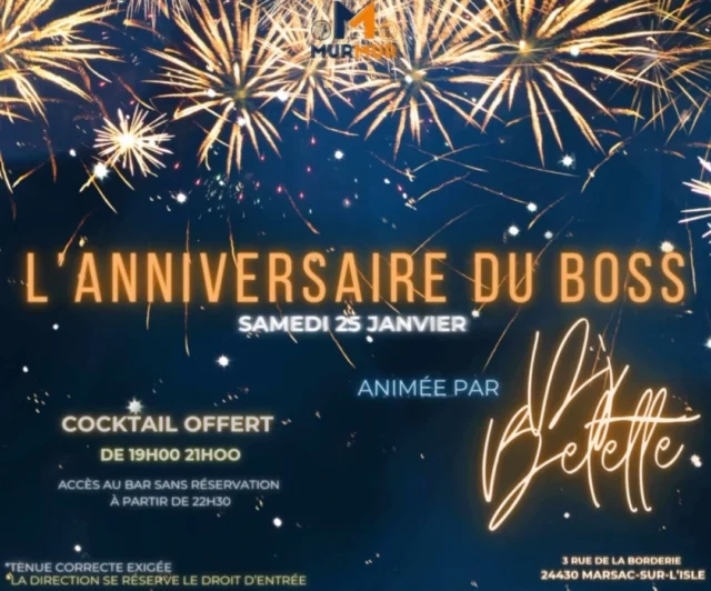🎉 Soirée Anniversaire du Boss au Murmur/Samedi 25 janvier à 20h ! 🥂

Ce samedi, on fête le boss comme il se doit ! 🥳

🔥 Ambiance survoltée, bonne musique et surprises au rendez-vous… Viens célébrer avec nous et faire de cette soirée un moment inoubliable !

Ne rate pas l’occasion de trinquer et de t’éclater jusqu’au bout de la nuit ! 🍾🎶

📍 Le Murmur – Marsac

Tague tes amis et viens mettre le feu au dancefloor ! 🎊

🔥 #AnniversaireDuBoss #LeMurmurMarsac #OnFaitLaFête #dordogne #anniversaire #perigueuxmaville #MarsacsurLisle #event