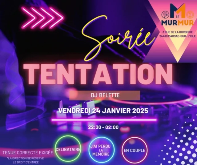 🔥 Soirée Tentation au Murmur – Vendredi 24 janvier à 22h30 ! 🔥

Prêt(e) à succomber à la tentation ? 😈

✨ Ambiance sensuelle, cocktails envoûtants et musique enivrante… Ce vendredi, le Murmur t’invite à une soirée Tentation où la séduction est à l’honneur !

Viens vibrer, danser et profiter d’une nuit pleine de surprises ! 🍸💃

📍 Le Murmur – Marsac

Tague tes partenaires de soirée et prépare-toi à une nuit inoubliable ! 🔥

😏 #SoiréeTentation #LeMurmurMarsac #LaisseToiTenter #dordogne #caliente #perigueuxmaville #perigueux ##séduction