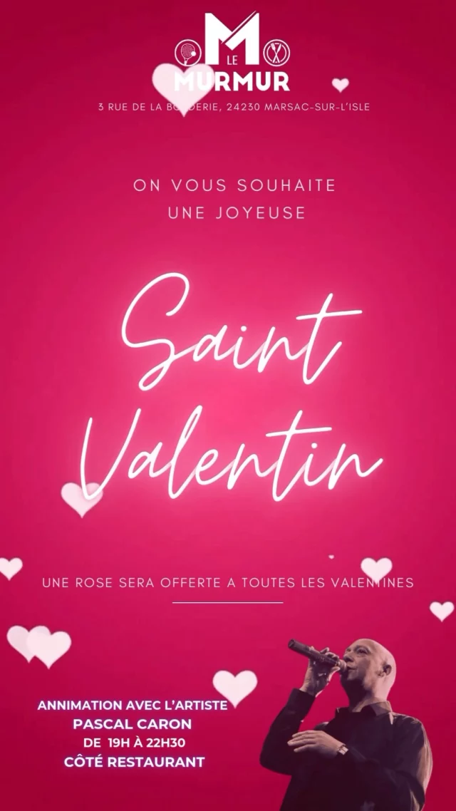 💖 Menu Spécial Saint-Valentin au Murmur – Un Dîner d’Exception ! 🍽️✨

Le Vendredi 14 février, célébrez l’amour autour d’un menu raffiné et gourmand spécialement conçu pour l’occasion. ❤️🔥

Une soirée romantique, une ambiance douce et des saveurs qui feront chavirer vos cœurs… Réservez vite votre table pour un moment inoubliable à deux ! 🥂💘

📍 Le Murmur – Marsac

#SaintValentin #LeMurmurMarsac #DînerRomantique #dordogne  #perigueuxmaville